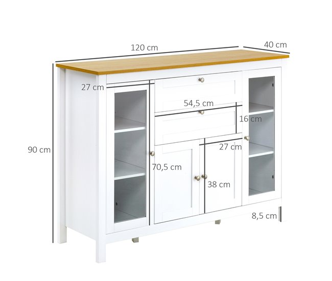Aparador de Cozinha MDF e Vidro Temperado HOMCOM, casa - cozinha 120 Branco