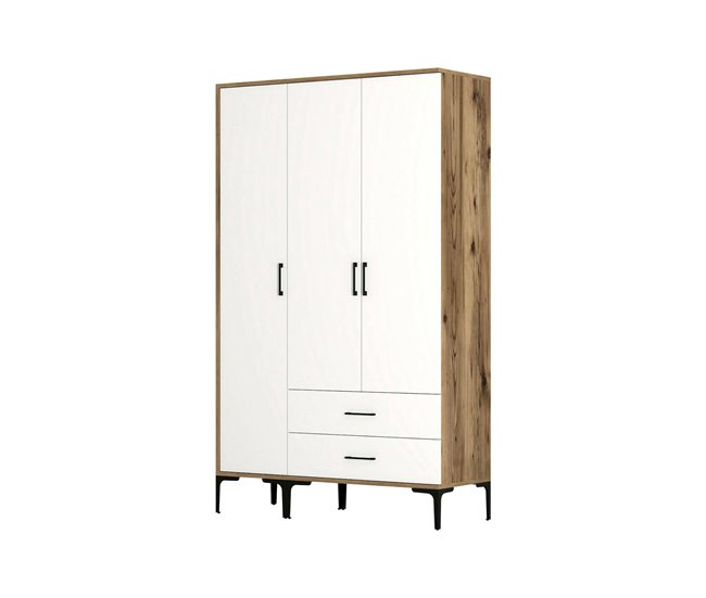 Armário de 3 portas com efeito madeira 120 Branco/ Madeira