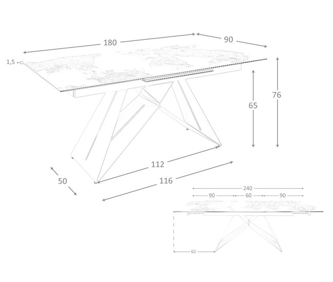 ANGEL CERDA Mesa de jantar extensível retangular em mármore porcelânico e aço cinzento taupe 240x90 Branco