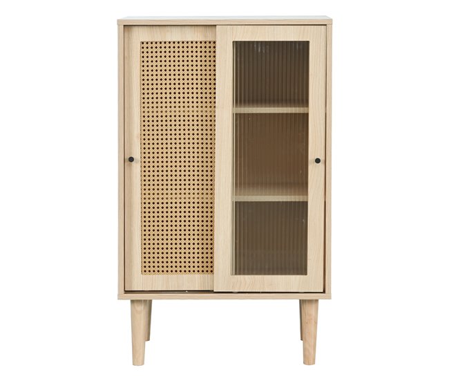 Aparador com efeito madeira e portas em rattan Bege