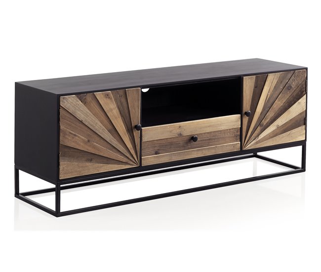 Móvel Tv De Madeira 2 Portas E 1 Gaveta Com Base De Metal Preto