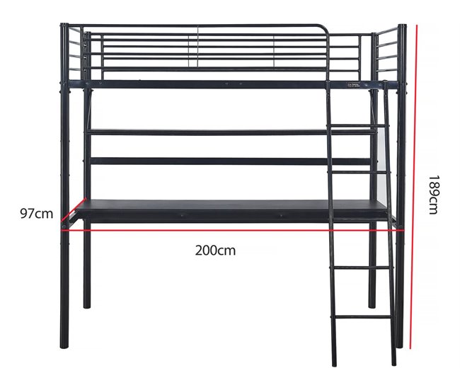 Cama alta com secretária 190x90 Preto