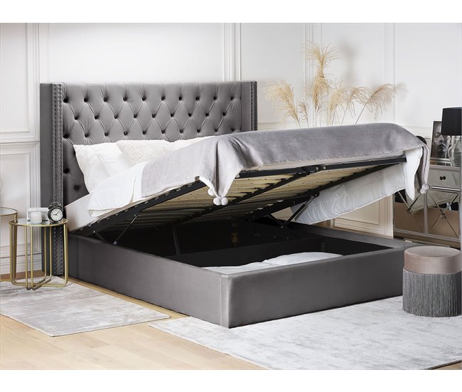 Beliani Cama com armazenamento Veludo LUBBON 210x217 Cinza