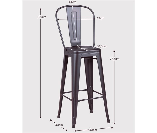 Banqueta metálica em aço lacado com encosto alto (76cm) - Bistro Preto