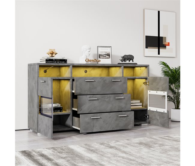 Aparador de painel de partículas com 2 portas e 3 gavetas Cinza