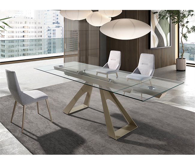 ANGEL CERDA Mesa de jantar extensível retangular em vidro temperado e aço cinzento taupe 240x100 Transparente