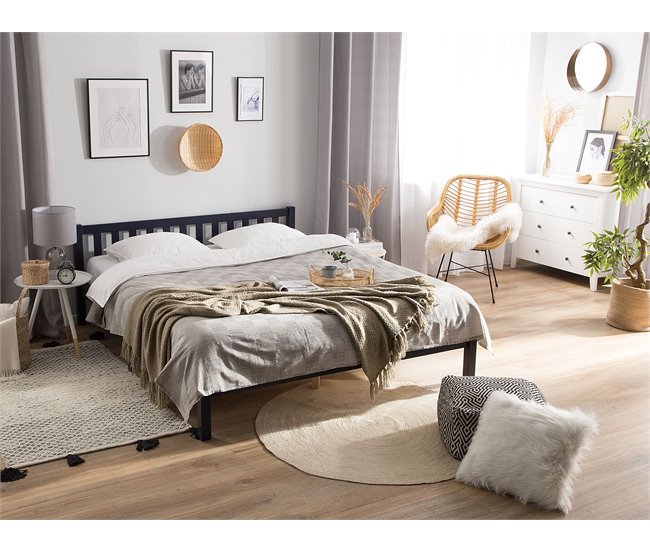 Beliani Cama com estrado Pinho FLORAC 167x208 Azul Marino