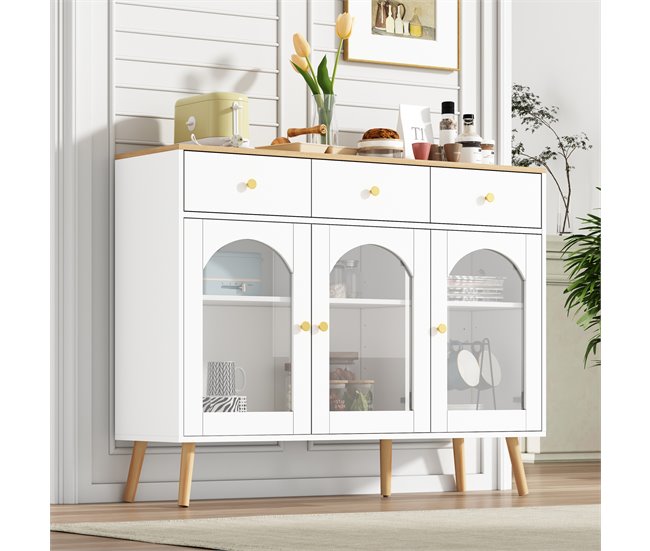 Aparador de painel de partículas com 3 portas e 3 gavetas Natural/ Branco