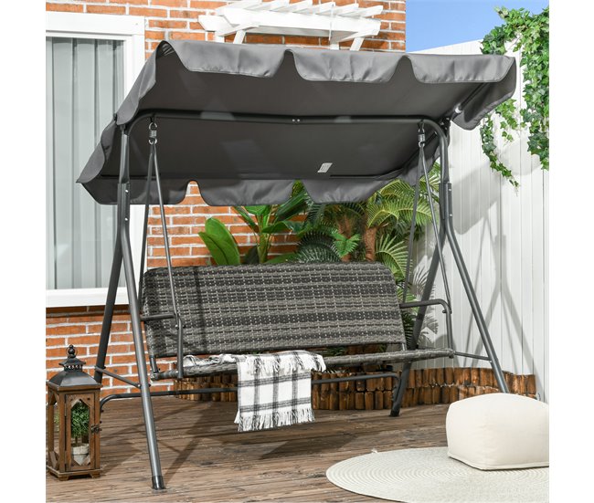 Baloiço de Jardim 3 Lugares Aço, Vime PE e Poliéster Outsunny Cinza