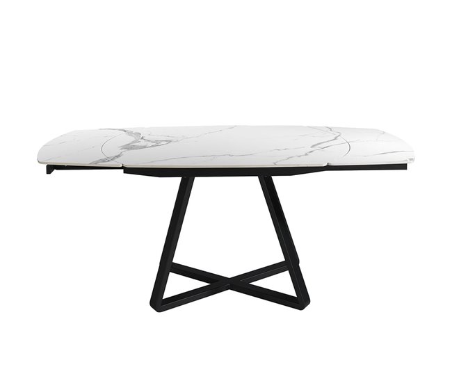 ANGEL CERDA Mesa de jantar extensível barril oval mármore porcelânico e aço preto 178x90 Branco