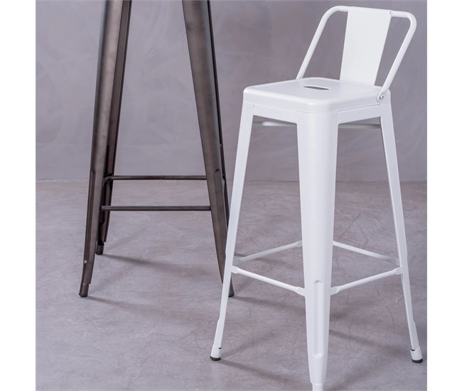 Banqueta industrial de metal com encosto baixo  - Bistro Branco