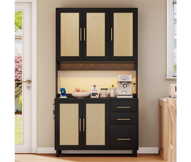 Vitrine alta em efeito madeira e rattan com tomadas integradas Preto/ Madeira