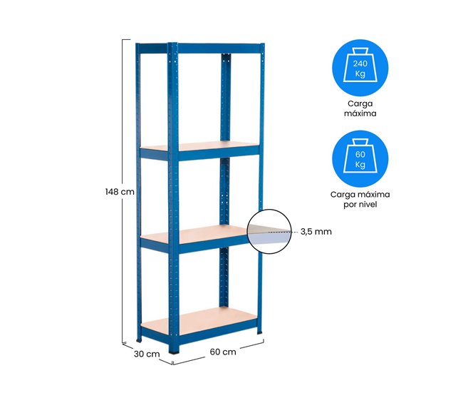 Pack 2 Prateleiras Metálicas com 4 Prateleiras Ajustáveis 60 Azul