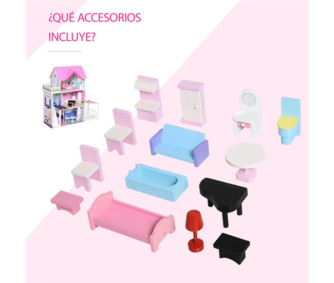 Casa de Bonecas Madeira de Pinho e MDF HOMCOM Rosa