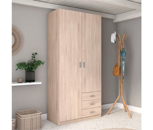 Guarda-roupa Roma com 2 portas e 3 gavetas, estilo moderno Madeira Clara