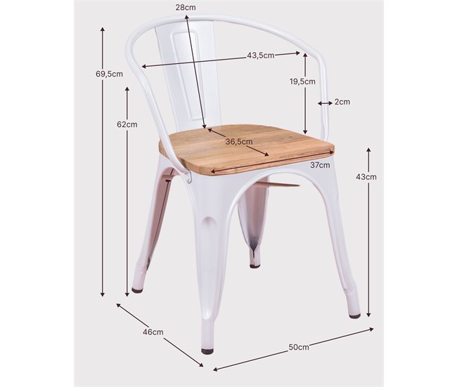 Cadeira industrial com braços e assento em olmo - Bistro Branco