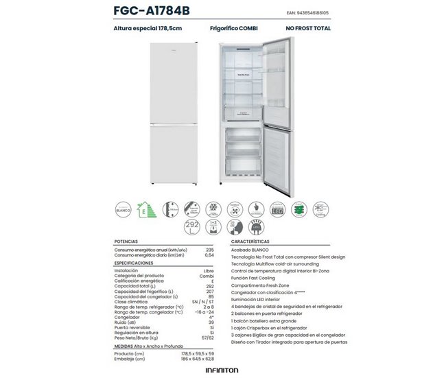 Frigorífico combinado Infiniton FGC-A1784B, 292 l, No Frost Total Branco