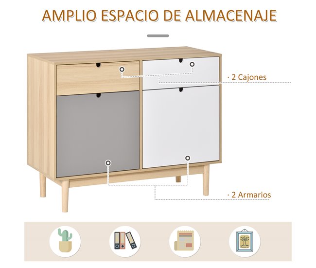 Aparador Auxiliar Melamina, madeira de pinho HOMCOM 100 Multicor