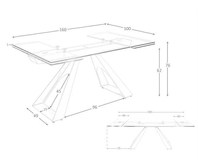 ANGEL CERDA Mesa de jantar extensível retangular em vidro temperado e aço cinzento taupe 240x100 Transparente