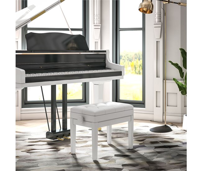 Banco de Piano Madeira de Borracha e Couro Sintético HOMCOM Branco