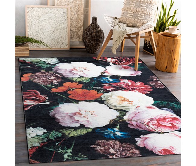ANDRE 1629 Tapete flores vintage antiderrapante 80x150 Preto