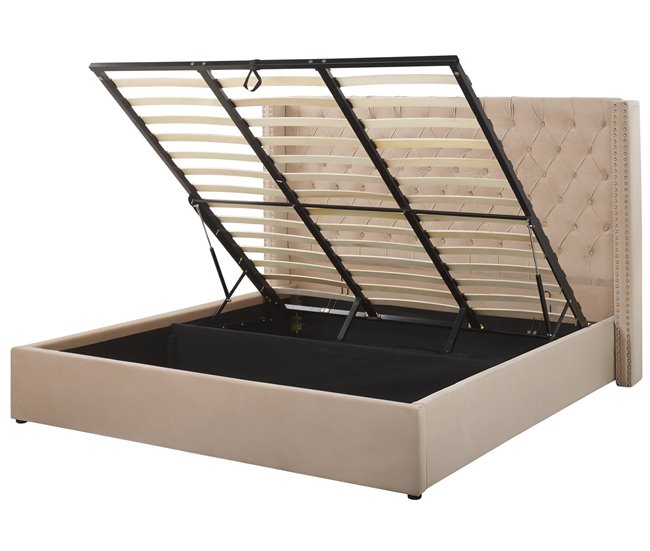 Beliani Cama com armazenamento Veludo LUBBON Bege