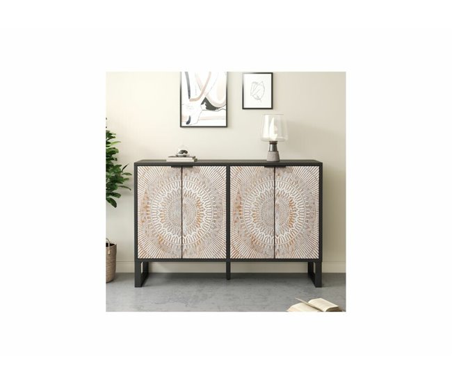 Aparador vintage com 4 portas perfiladas, prateleiras interiores Preto
