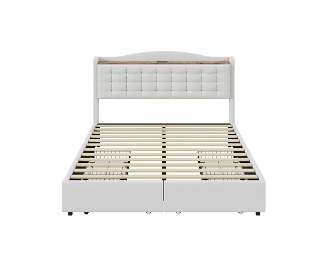 Cama king size estofada em linho com 4 gavetas e 2 portas usb 200x166