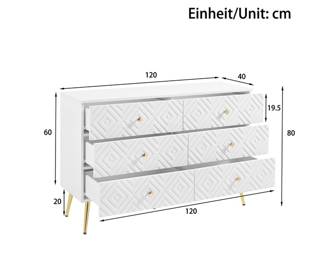 Aparador de 6 gavetas com motivos geométricos e pés 120 Branco