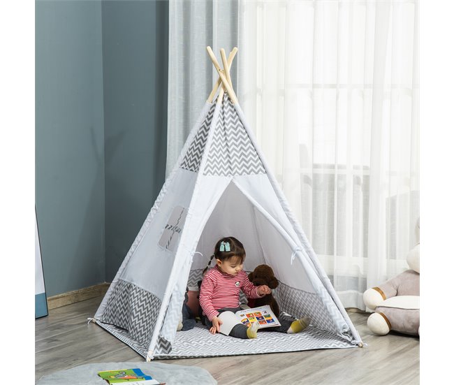 Tenda Tipi Infantil Madeira de Pinho, Poliéster e Algodão HOMCOM Cinza