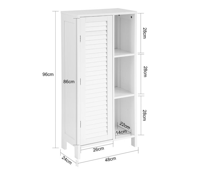 Armário de casa de banho 1 porta e 3 prateleiras BZR39-W SoBuy Branco