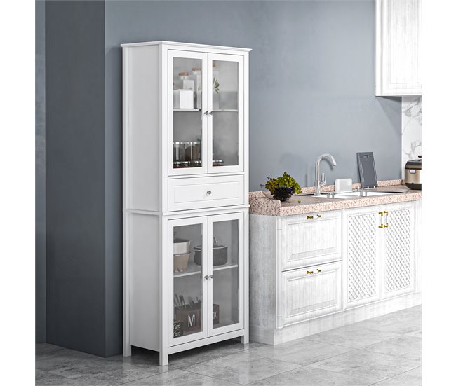 Armário de Cozinha MDF e Vidro Temperado HOMCOM, casa - cozinha Branco