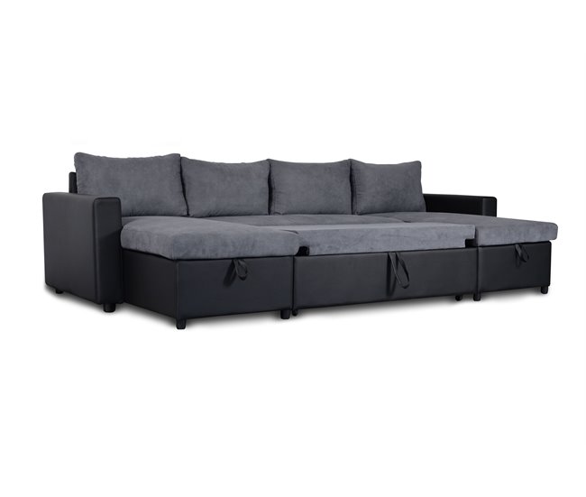 Sofá de canto U com cama 4 lugares e duas arcas GOLF cinza e preto Cinza