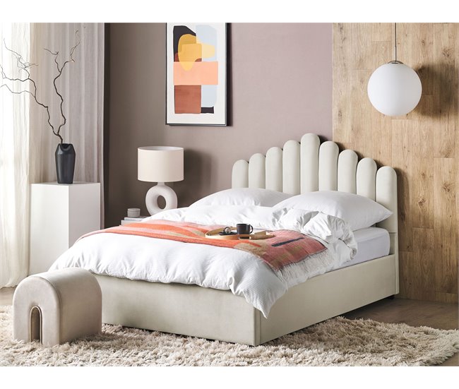 Beliani Cama com armazenamento Veludo VINCENNES 147x214 Branco/ Bege