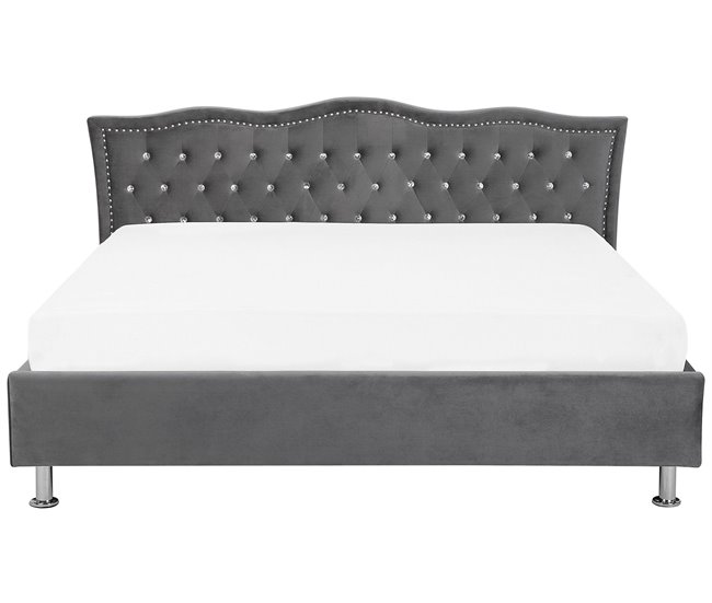 Beliani Cama con almacenaje Terciopelo METZ 209x215 Cinza Escuro