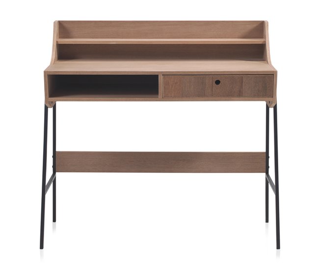 Mesa escrivaninha de madeira de freixo com gaveta e base de metal Natural