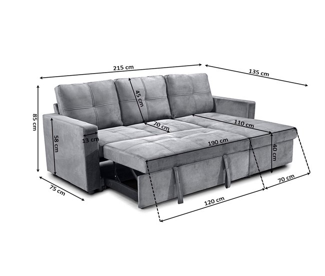 Sofá Cama Com Baú e Chaise Longue Cinza