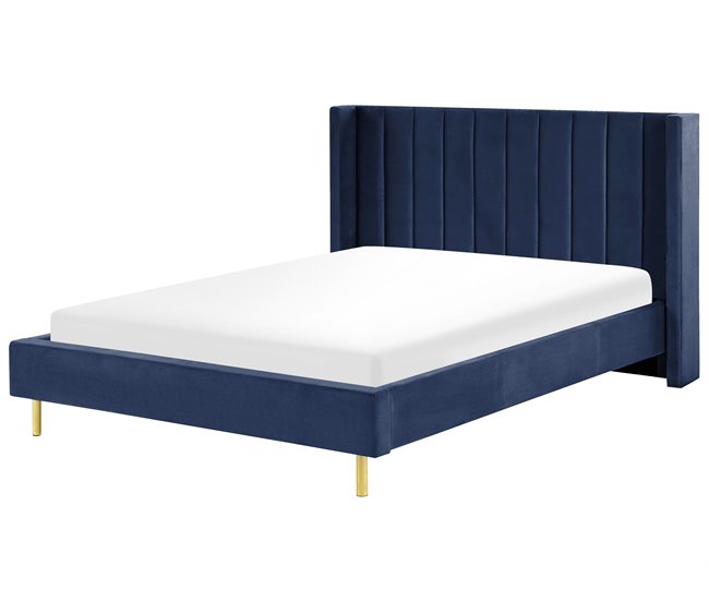 Beliani Cama com estrado Veludo VILLETTE Azul Marino