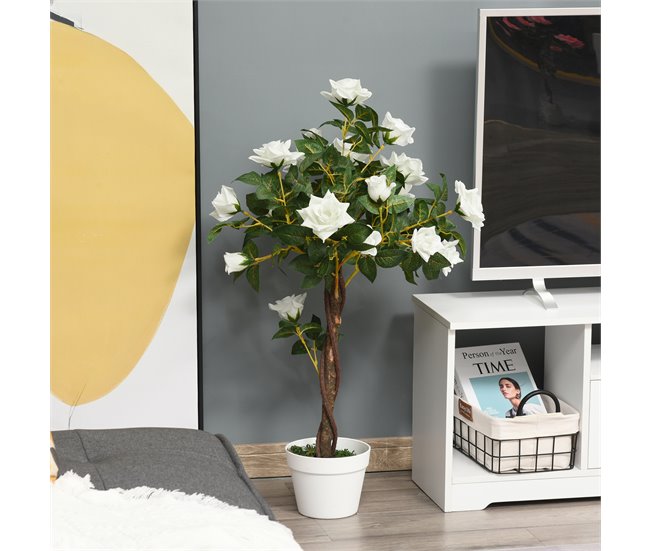 Árvore de Camélia Artificial PE, PP, Cimento, Tecido Outsunny Branco