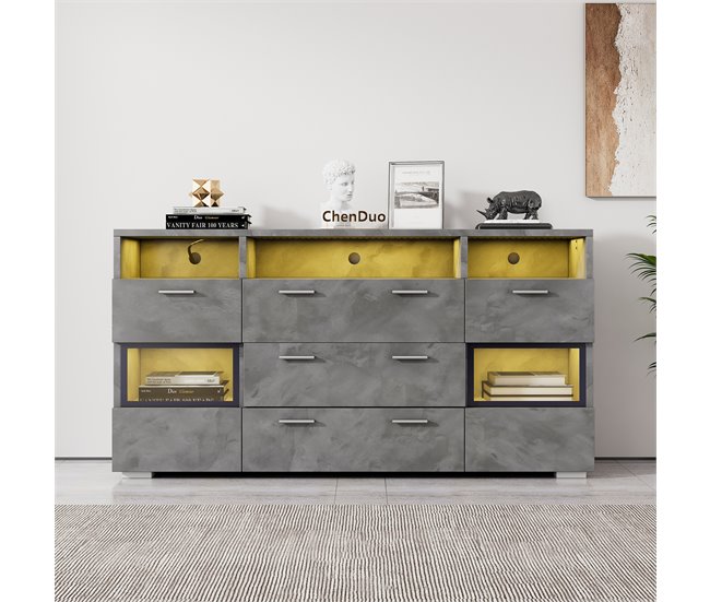 Aparador de painel de partículas com 2 portas e 3 gavetas Cinza