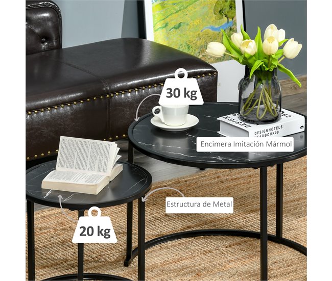 Conjunto de 2 Mesas Auxiliares Aço e MDF HOMCOM, casa - mesas 60x60 Preto