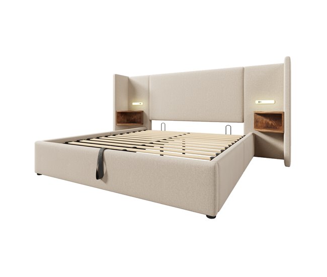 Cama estofada 160×200 - com mesinha, candeeiro de leitura e usb type-c, arrumação, estrutura em madeira e metal - bege