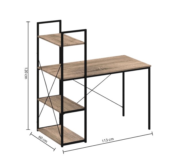 Mesa de escritório com prateleira 3 prateleiras Aço Estilo Industrial Preto/ Madeira