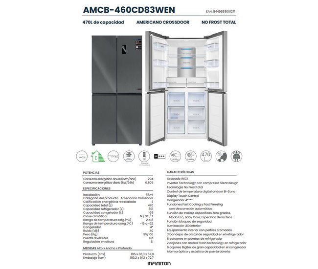 American Infiniton AMCB-460CD83WEN Frigorífico, 470 l Inoxidavel