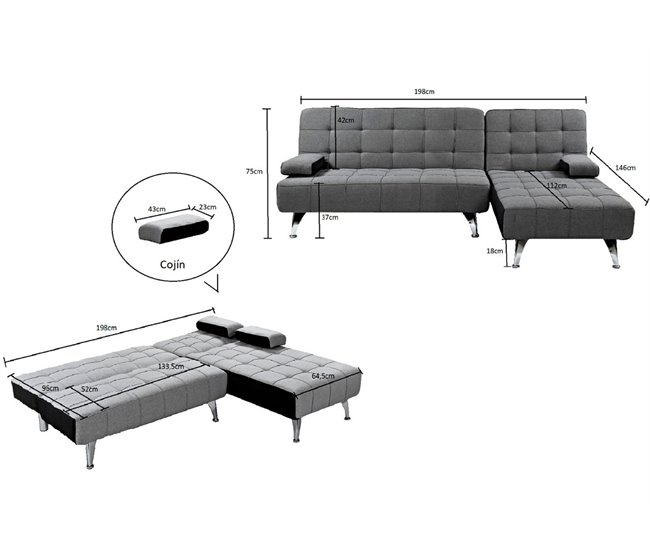 Sofá-cama com chaise longue e mesa de apoio Azul