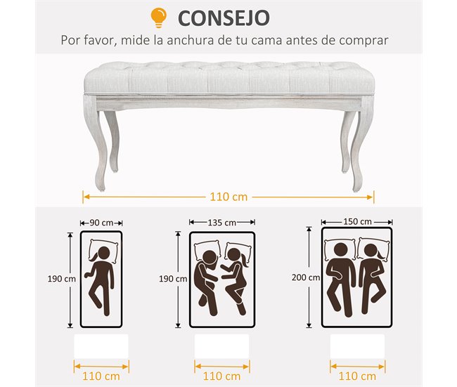 Banco Pé de Cama poliéster, madeira de borracha HOMCOM Cru