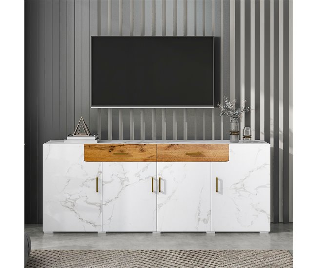 Aparador efeito mármore 4 portas 2 gavetas Branco