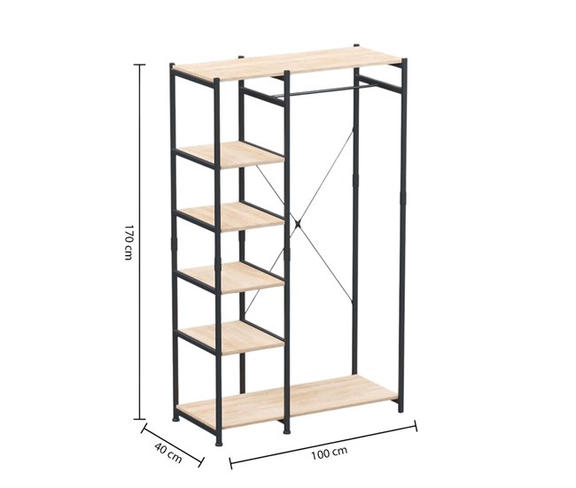 Camarim Open Closet com 5 Prateleiras e 1 Bar Preto/ Madeira
