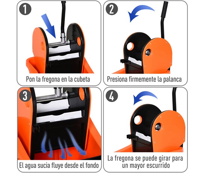 Balde de Esfregona Plástico PP, Metal HOMCOM Laranja