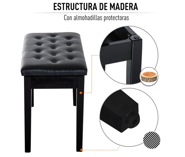 Banco de Piano Madeira de Borracha e Couro Sintético HOMCOM Preto